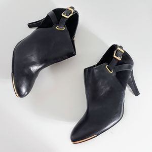 Marc Fisher Black Leather Ankle Booties Gold Trim